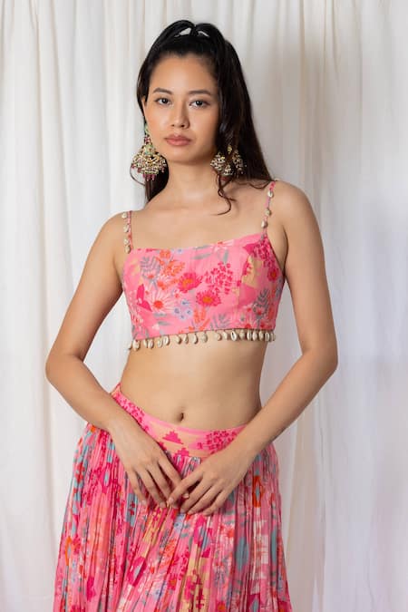 Lavina Sippy_Pink Chanderi Embroidery Scoop Neck Botanical Print Lehenga And Blouse _at_Aza_Fashions
