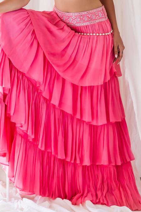 Lavina Sippy_Pink Georgette Tassels, Mirrors V-neck Layered Lehenga Set With Embellishments _Online_at_Aza_Fashions