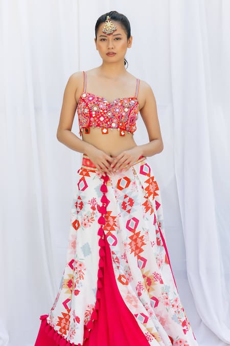 Lavina Sippy_Red Silk Beads, Mirrors, Tassels, Embroidery Geometric Pattern Lehenga Set _Online_at_Aza_Fashions