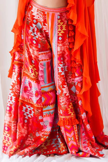 Lavina Sippy Orange Silk Lace, Tassels, Patchwork, Mirrors Detailed Palazzo Set With Cape Online at Aza Fashions Lavina Sippy_Orange Silk Lace, Tassels, Patchwork, Mirrors Detailed Palazzo Set With Cape _Online_at_Aza_Fashions