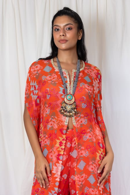 Lavina Sippy_Orange Georgette Mirrors, Embroidery Round Geometric Printed Kurta And Sharara Set _Online_at_Aza_Fashions
