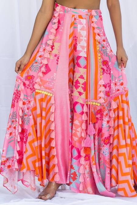 Buy_Lavina Sippy_Pink Silk Tassels, Patchwork Sweetheart Neck Palazzo Set With Blouse _Online_at_Aza_Fashions