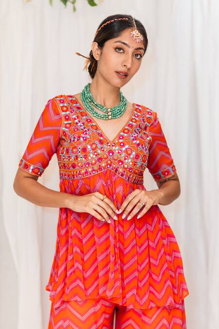 Lavina Sippy_Coral Georgette Mirrors, Embroidery Chevron Print Peplum Kurta And Sharara Set _Online_at_Aza_Fashions