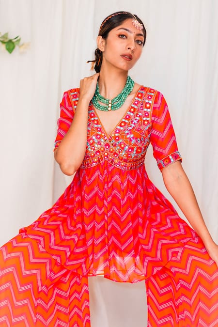 Buy_Lavina Sippy_Coral Georgette Mirrors, Embroidery Chevron Print Peplum Kurta And Sharara Set _Online_at_Aza_Fashions