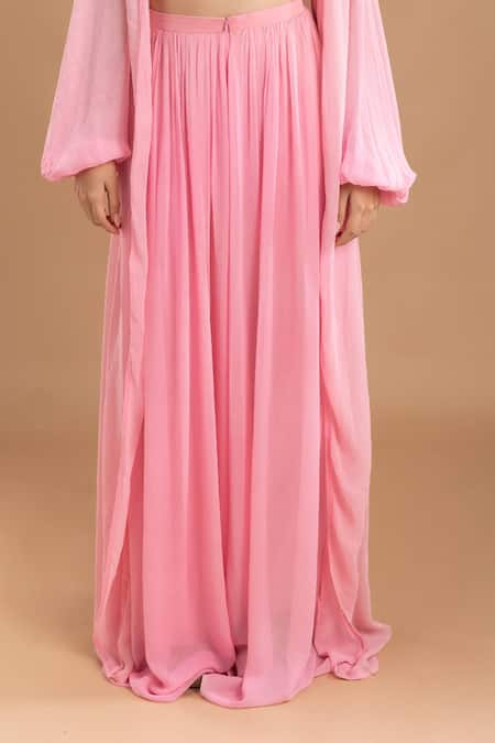 Lavina Sippy_Pink Georgette Sequins, Beads, Embroidery High Neck, Flared Pant Set With Jacket _Online_at_Aza_Fashions