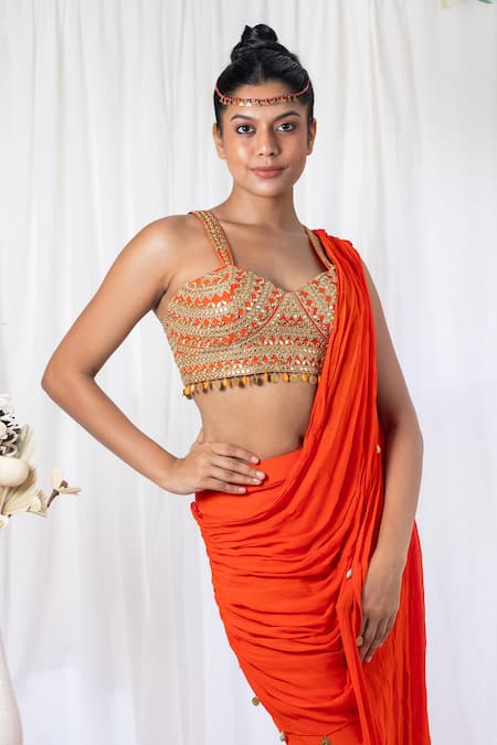 Lavina Sippy_Orange Georgette Beads, Mirrors, Embroidery Sweetheart Neck Pre-draped Saree Set _Online_at_Aza_Fashions