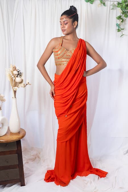 Buy_Lavina Sippy_Orange Georgette Beads, Mirrors, Embroidery Sweetheart Neck Pre-draped Saree Set _Online_at_Aza_Fashions