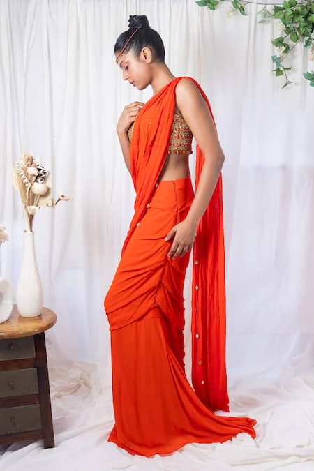 Shop_Lavina Sippy_Orange Georgette Beads, Mirrors, Embroidery Sweetheart Neck Pre-draped Saree Set _Online_at_Aza_Fashions