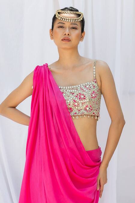 Lavina Sippy_Pink Crepe Mirrors, Sequins Scoop Neck Pre-draped Saree With Embroidered Blouse _Online_at_Aza_Fashions