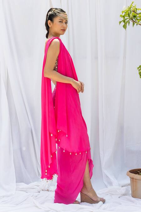 Shop_Lavina Sippy_Pink Crepe Mirrors, Sequins Scoop Neck Pre-draped Saree With Embroidered Blouse _Online_at_Aza_Fashions