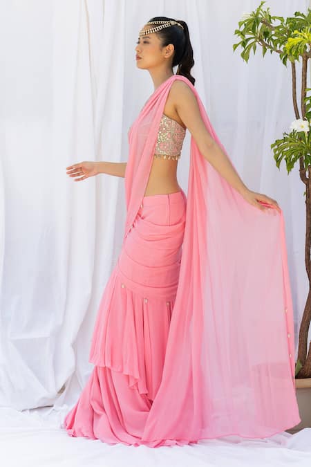 Shop_Lavina Sippy_Pink Crepe Mirrors, Sequins Scoop Layered Pre-draped Saree And Embroidered Blouse _Online_at_Aza_Fashions