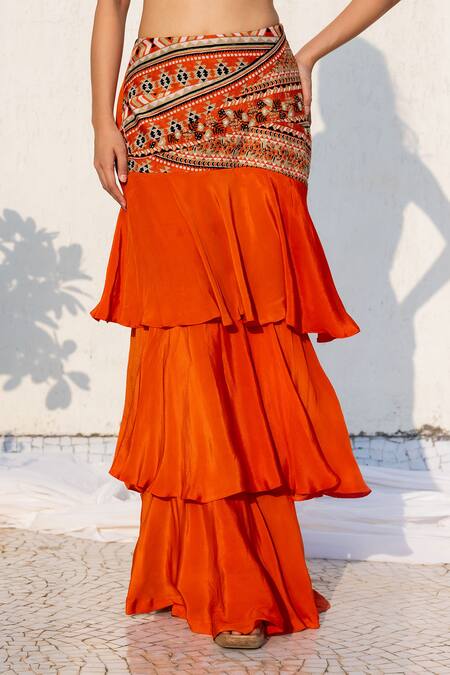Buy_Lavina Sippy_Orange Crepe Embroidery Halter Neck Frill Layered Skirt And Printed Blouse _Online_at_Aza_Fashions