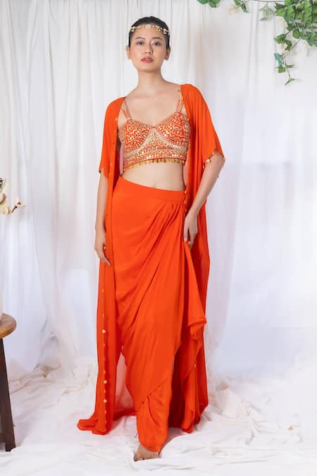 Lavina Sippy_Orange Crepe Mirrors, Tassels, Embroidery Sweetheart Draped Skirt Set With Cape _Online_at_Aza_Fashions