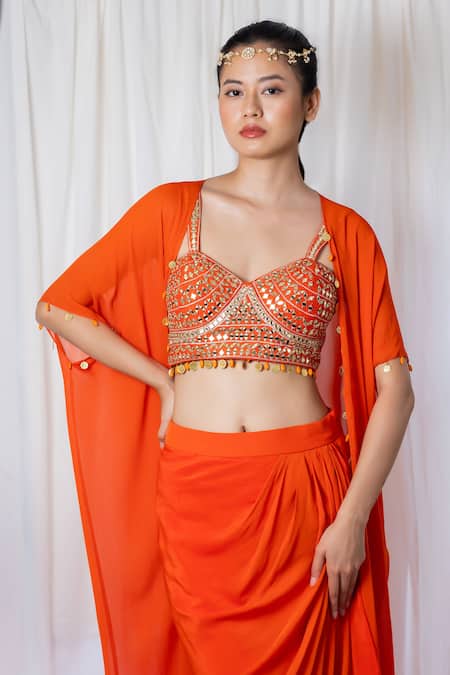 Buy_Lavina Sippy_Orange Crepe Mirrors, Tassels, Embroidery Sweetheart Draped Skirt Set With Cape _Online_at_Aza_Fashions