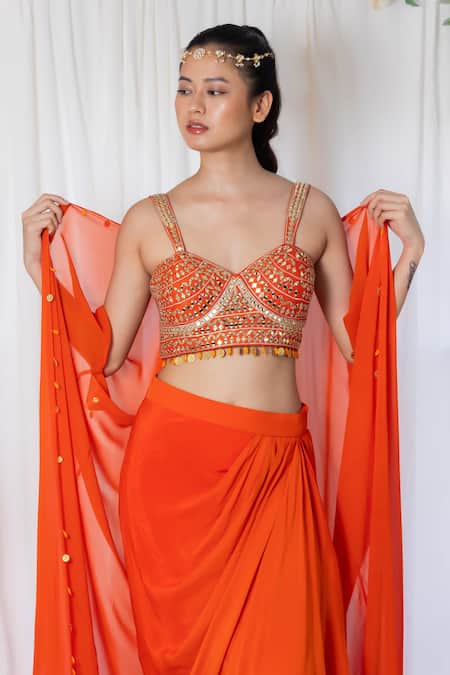 Shop_Lavina Sippy_Orange Crepe Mirrors, Tassels, Embroidery Sweetheart Draped Skirt Set With Cape _Online_at_Aza_Fashions