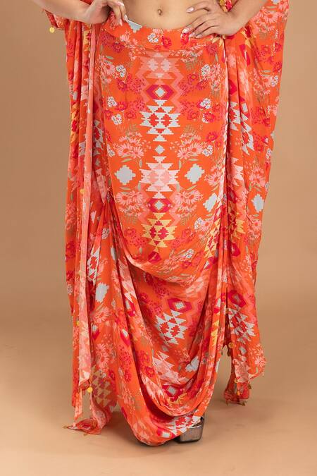 Lavina Sippy_Orange Crepe Tassels Round Neck Printed Draped Skirt Set With Cape _Online_at_Aza_Fashions