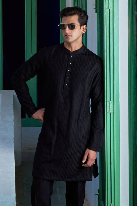 Philocaly_Black Cotton, Silk Thread Embroidered Kurta And Trouser Set_Online_at_Aza_Fashions