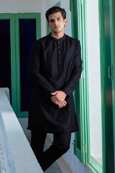 Buy_Philocaly_Black Cotton, Silk Thread Embroidered Kurta And Trouser Set_Online_at_Aza_Fashions