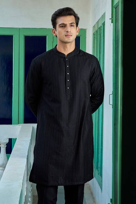 Shop_Philocaly_Black Cotton, Silk Thread Embroidered Kurta And Trouser Set_Online_at_Aza_Fashions