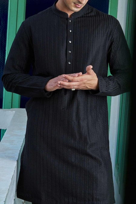Philocaly_Black Cotton, Silk Thread Embroidered Kurta And Trouser Set_at_Aza_Fashions
