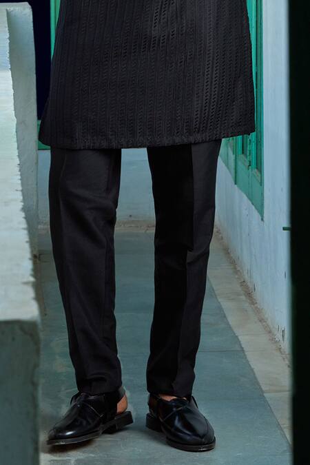 Shop_Philocaly_Black Cotton, Silk Thread Embroidered Kurta And Trouser Set