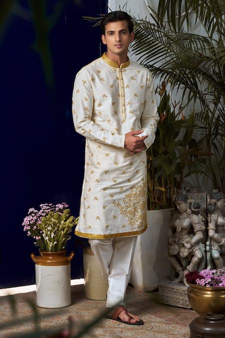 Philocaly_White Cotton, Silk Embroidery Floral Kurta And Trouser Set _Online_at_Aza_Fashions