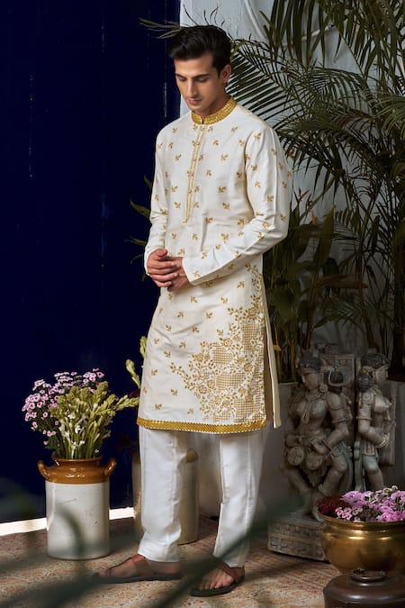 Shop_Philocaly_White Cotton, Silk Embroidery Floral Kurta And Trouser Set _Online_at_Aza_Fashions