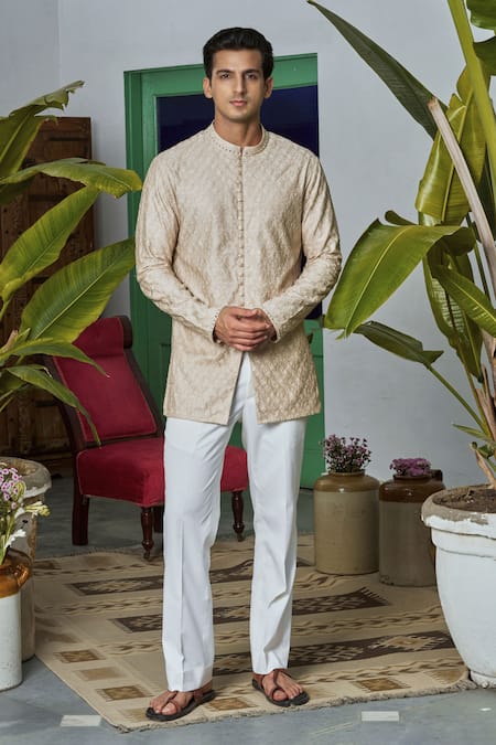 Philocaly_Beige Chanderi Embroidery Short Kurta _Online_at_Aza_Fashions