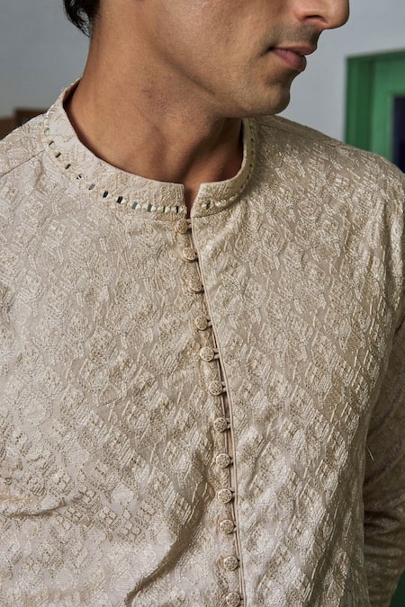 Buy_Philocaly_Beige Chanderi Embroidery Short Kurta _Online_at_Aza_Fashions