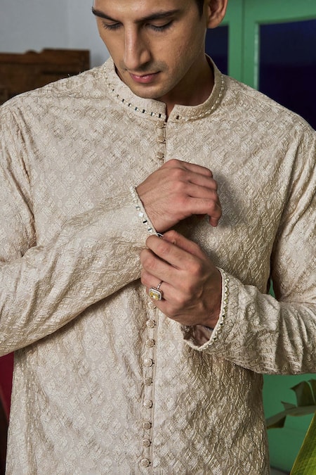 Shop_Philocaly_Beige Chanderi Embroidery Short Kurta _Online_at_Aza_Fashions