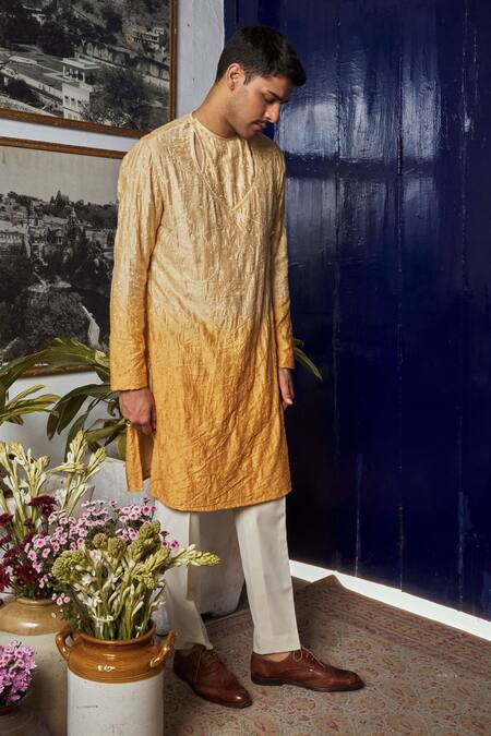 Philocaly_Yellow Chanderi Embroidery Floral Motif Kurta_Online_at_Aza_Fashions