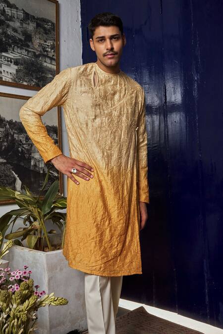 Buy_Philocaly_Yellow Chanderi Embroidery Floral Motif Kurta_Online_at_Aza_Fashions