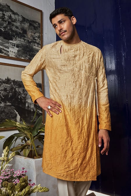 Shop_Philocaly_Yellow Chanderi Embroidery Floral Motif Kurta_Online_at_Aza_Fashions