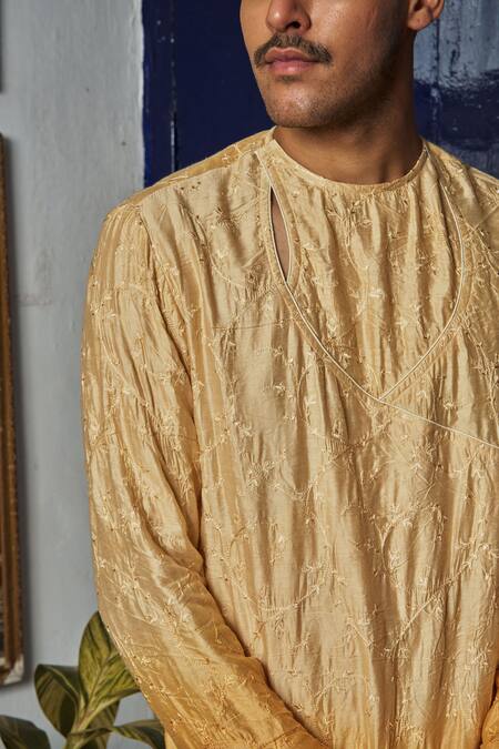 Philocaly_Yellow Chanderi Embroidery Floral Motif Kurta_at_Aza_Fashions