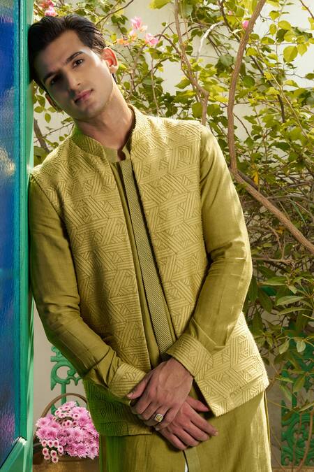 Buy Philocaly Green Cotton, Silk Fringe Fray Embroidered Bundi Online at Aza Fashions Buy_Philocaly_Green Cotton, Silk Fringe Fray Embroidered Bundi _Online_at_Aza_Fashions