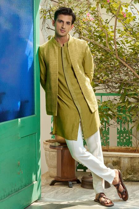 Shop Philocaly Green Cotton, Silk Fringe Fray Embroidered Bundi Online at Aza Fashions Shop_Philocaly_Green Cotton, Silk Fringe Fray Embroidered Bundi _Online_at_Aza_Fashions