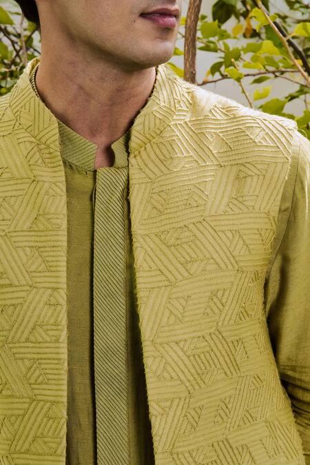 Shop Philocaly Green Cotton, Silk Fringe Fray Embroidered Bundi Shop_Philocaly_Green Cotton, Silk Fringe Fray Embroidered Bundi