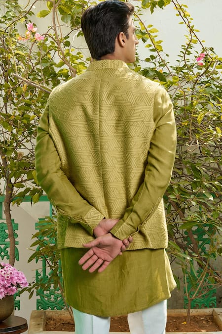 Philocaly Fray Embroidered Green Bundi Kurta Set 