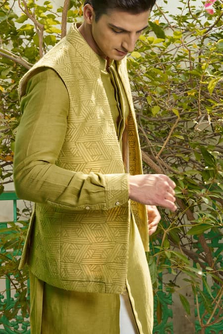 Philocaly_Green Cotton, Silk Fringe Fray Embroidered Bundi Kurta Set _at_Aza_Fashions