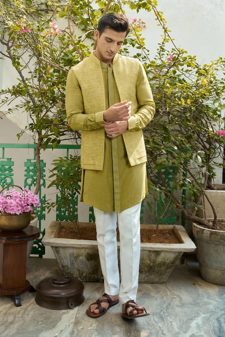 Buy_Philocaly_Green Cotton, Silk Fringe Fray Embroidered Bundi Kurta Set 