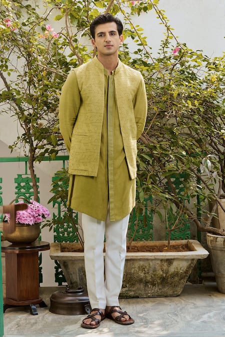 Shop_Philocaly_Green Cotton, Silk Fringe Fray Embroidered Bundi Kurta Set 
