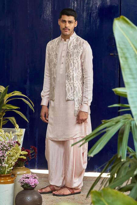 Philocaly Pink Cotton, Silk Embroidery Thread Bundi Kurta Set Online at Aza Fashions Philocaly_Pink Cotton, Silk Embroidery Thread Bundi Kurta Set _Online_at_Aza_Fashions