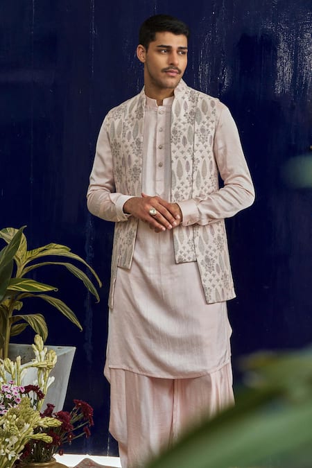 Philocaly Pink Cotton, Silk Embroidery Thread Bundi Kurta Set at Aza Fashions Philocaly_Pink Cotton, Silk Embroidery Thread Bundi Kurta Set _at_Aza_Fashions