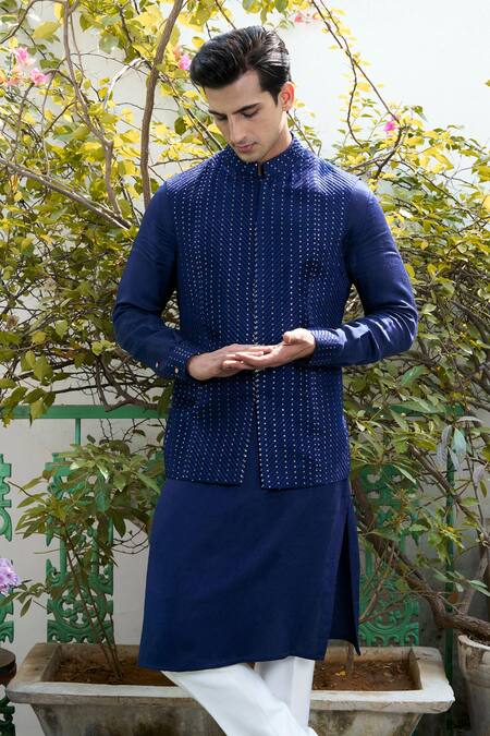 Philocaly_Blue Cotton, Silk Sequins Embroidered Bundi _Online_at_Aza_Fashions