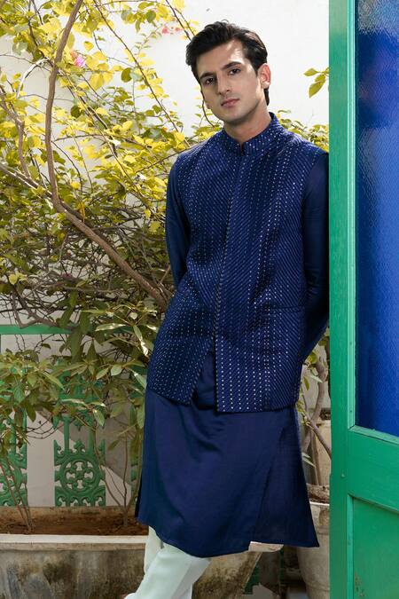 Buy_Philocaly_Blue Cotton, Silk Sequins Embroidered Bundi _Online_at_Aza_Fashions