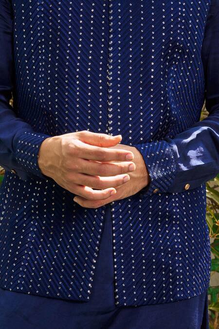 Shop_Philocaly_Blue Cotton, Silk Sequins Embroidered Bundi _Online_at_Aza_Fashions