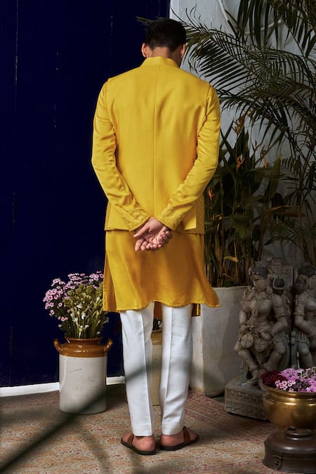 Shop_Philocaly_Yellow Cotton, Silk Embroidery Lattice Bundi Kurta Set _at_Aza_Fashions