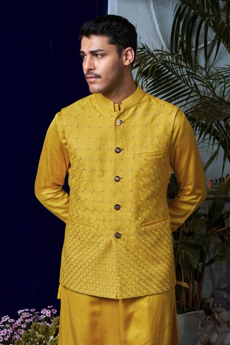Buy_Philocaly_Yellow Cotton, Silk Embroidery Lattice Bundi Kurta Set _Online_at_Aza_Fashions