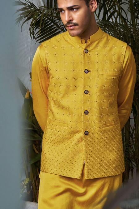 Shop_Philocaly_Yellow Cotton, Silk Embroidery Lattice Bundi Kurta Set _Online_at_Aza_Fashions