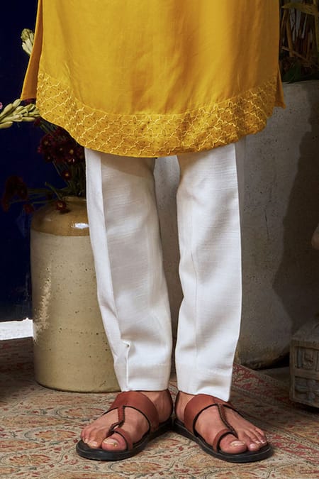 Philocaly_Yellow Cotton, Silk Embroidery Lattice Bundi Kurta Set _at_Aza_Fashions